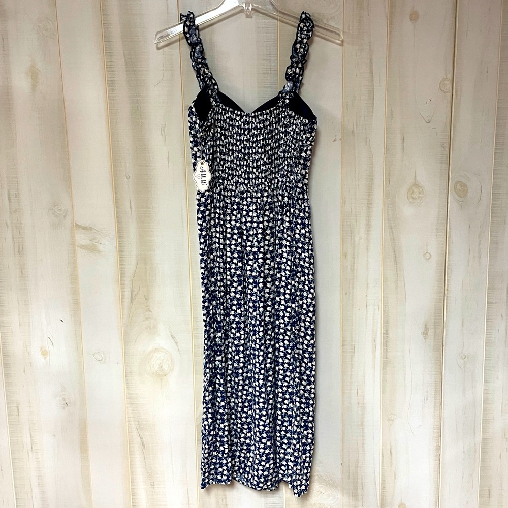 NWT AUW Blue White Green Floral Ruffle Strap Elastic Eaist Midi Dress Sz M - Picture 2 of 8